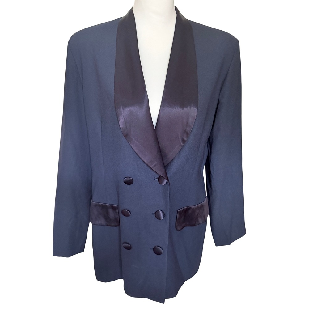 Vintage Saks Fifth Avenue Folio Tuxedo Blazer Women 10 Navy Blue 80s Mixed Media